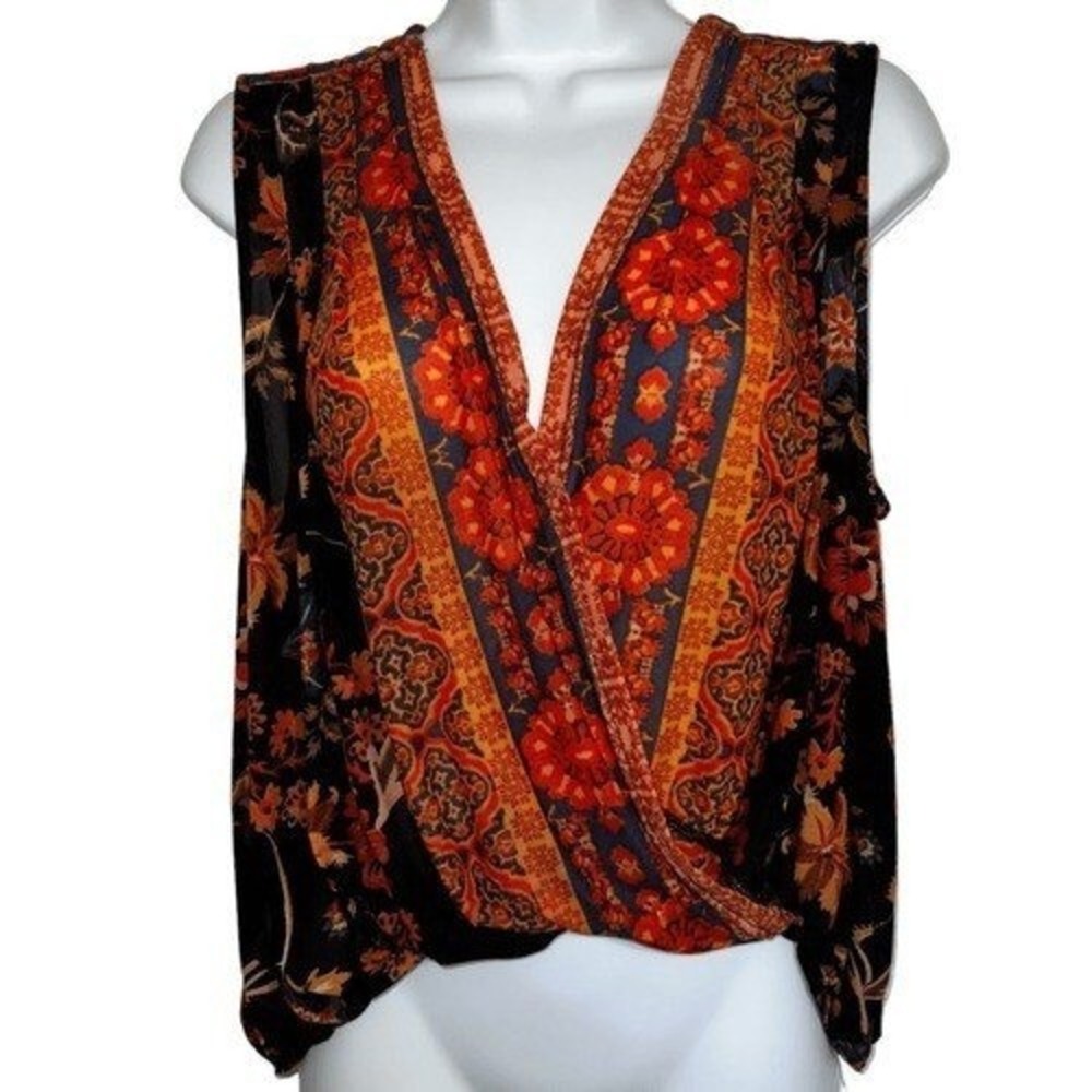🆕 FREE PEOPLE Havana Mixed Floral Print Mesh Surplice Wrap Top EUC Small - Picture 2 of 7